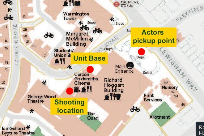 The shoot map: the Goldsmiths campus marked with the unit base, the shooting location at the Curzon Goldsmiths cinema and the actors' pickup point.
